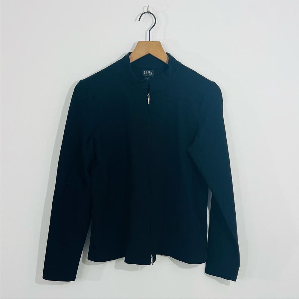 Eileen Fisher Black Minimalist Modern Zip Jacket Stand Collar Stretch Knit Small
